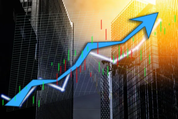 Composing with business building and stock chart on background (blue bull chart)