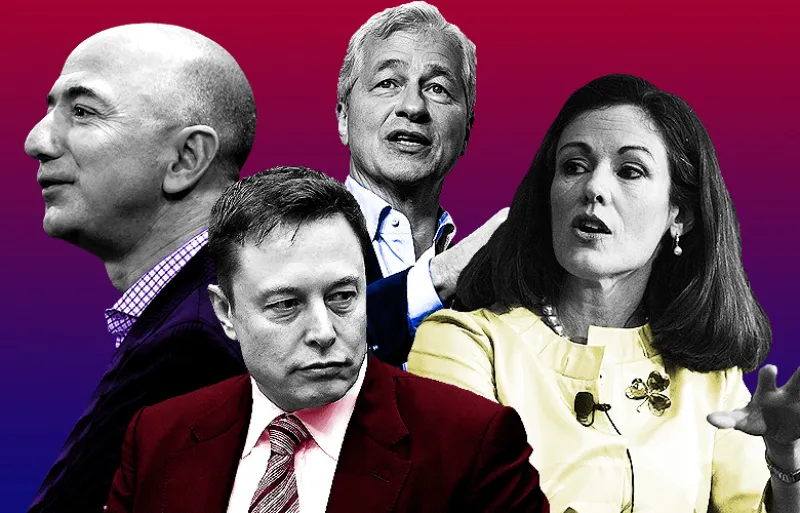 (clockwise from left): Jeff Bezos, Jamie Dimon, Mary N. Dillon and Elon Musk Photos from Bloomberg
