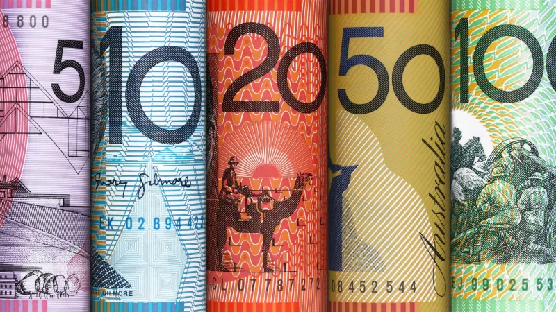 Close-up of colorful plastic Australian dollar notes