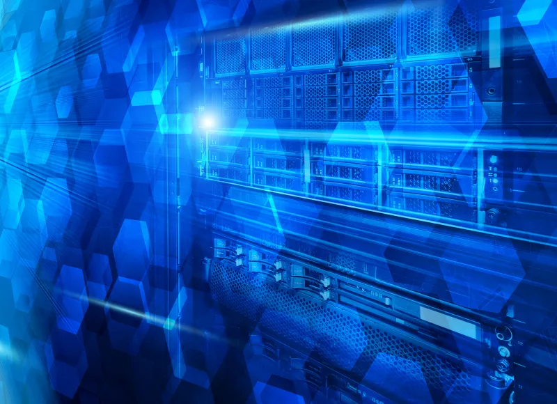 Stand with server hardware and lighting in the room motion blur with graphic elements on top