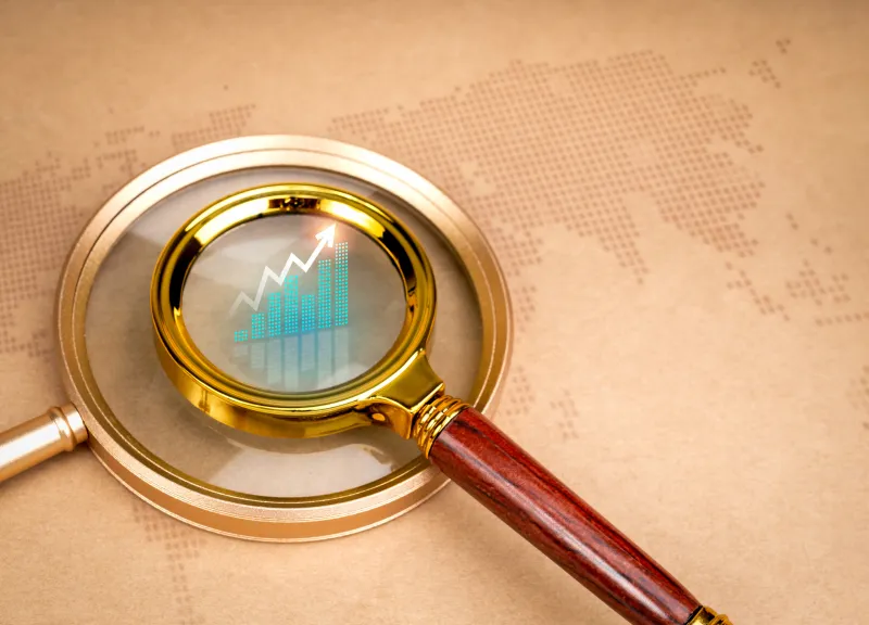 Global customer insights, deep target and trends, finding detail to right goal, specific niche marketing concept. Business growth graph on two sizes magnifying glass on digital world map background.