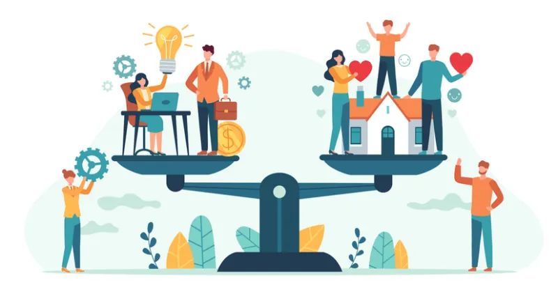 Home and work on scales. Woman and man balancing family and career. Business people compare love, children, job. Balance life vector concept