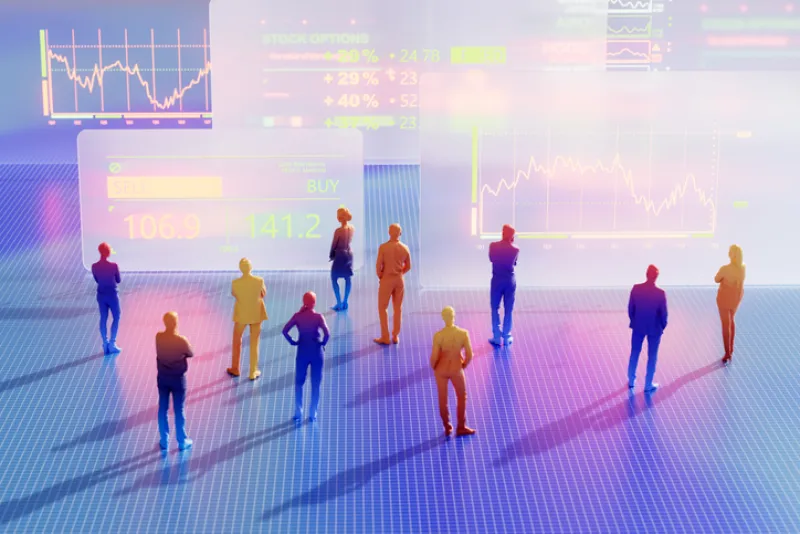 Business People Standing and Discussing in the Metaverse. Digital Collaborations in the Metaverse. Digital Finance Evolution. Innovative Fintech Technology. Visualizing Financial Investment. Stock Market Trading Monitor