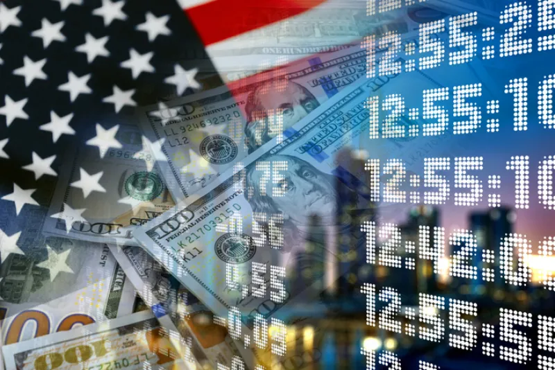 USA flag, cash dollar bills, stock market indicators and city buildings - Economy graph