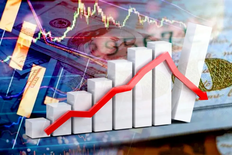 Down arrow, cash dollar bills and stock market indicators - Economy graph