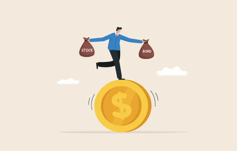 Balanced investment strategy. Portfolio Asset Classification. 
Balancing risk and reward. Balancing stock and bond.  Businessman investor balancing as acrobat on giant dollar coin.