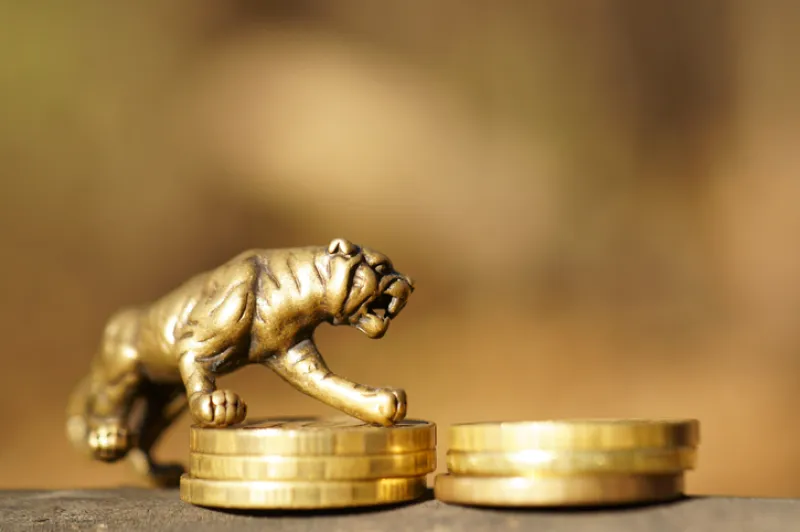 Metal tiger with coins close-up. Financial symbol.